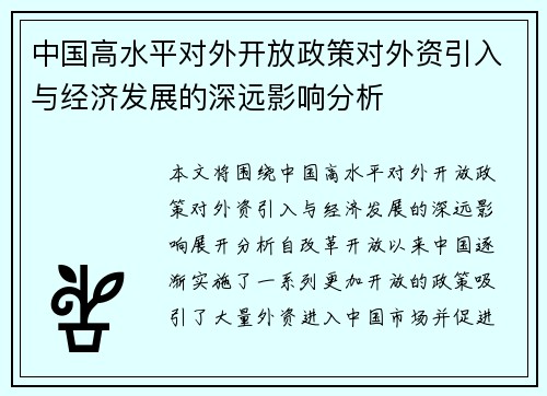 中国高水平对外开放政策对外资引入与经济发展的深远影响分析